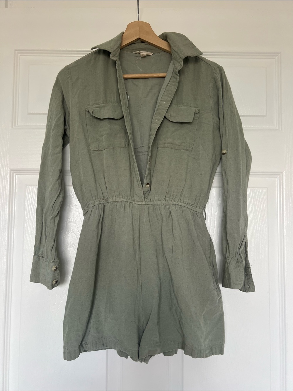 Sim and Sam utility romper green rayon and linen blend made in India  M